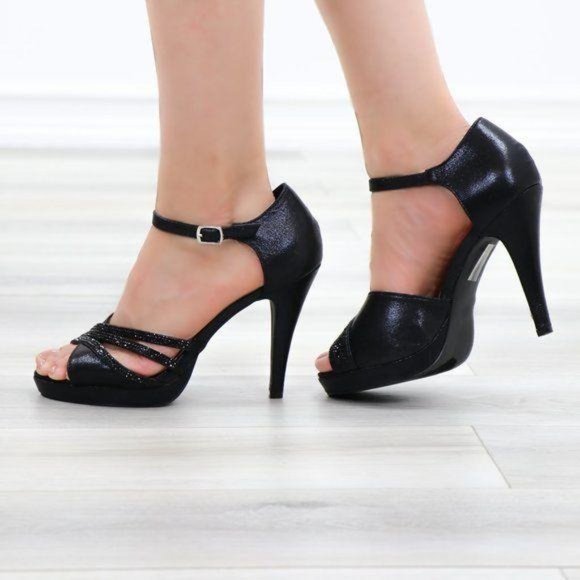 Shimmery Black Satin Platform Heeled Stiletto Sandal - Picture 6 of 11